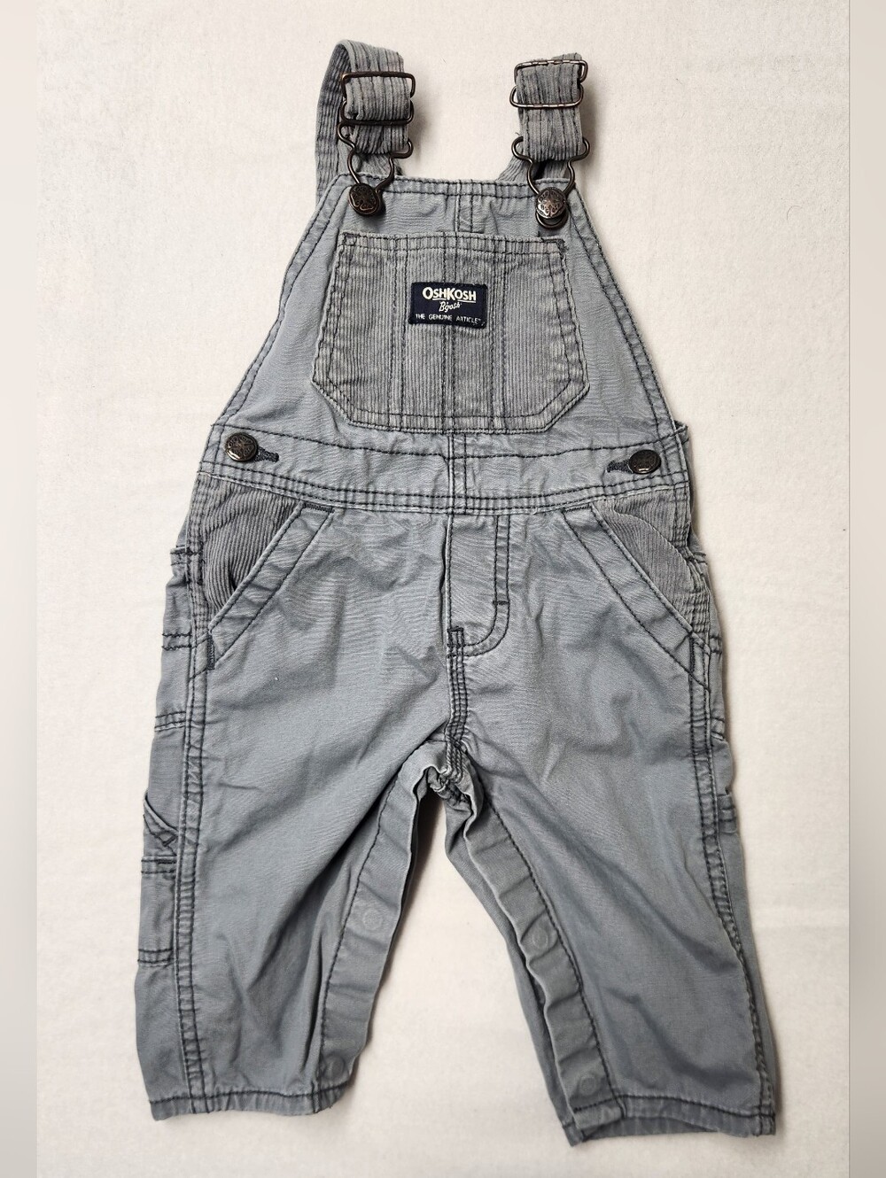 OshKosh B'gosh Baby Gray Overalls 9M Snap Leg Vestbak Classic Neutral Coordinate